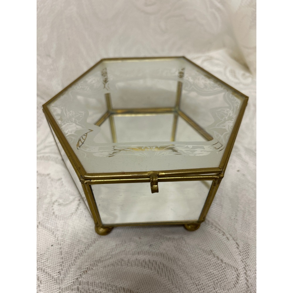 Vintage Brass Etched Glass Hexagon Jewelry Casket Trinket Box Mirrored Bottom